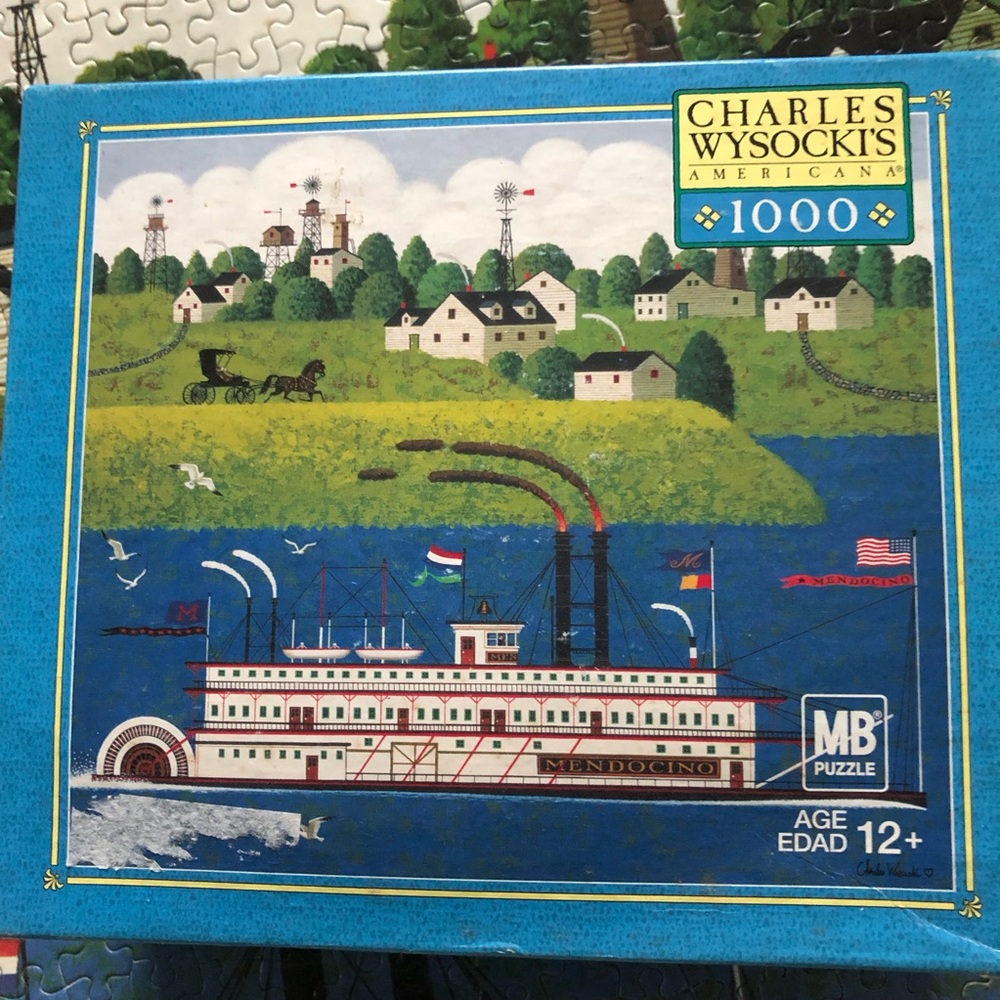Vtg Charles Wysocki 1000 piece puzzle Mendocino steamboat folk art country